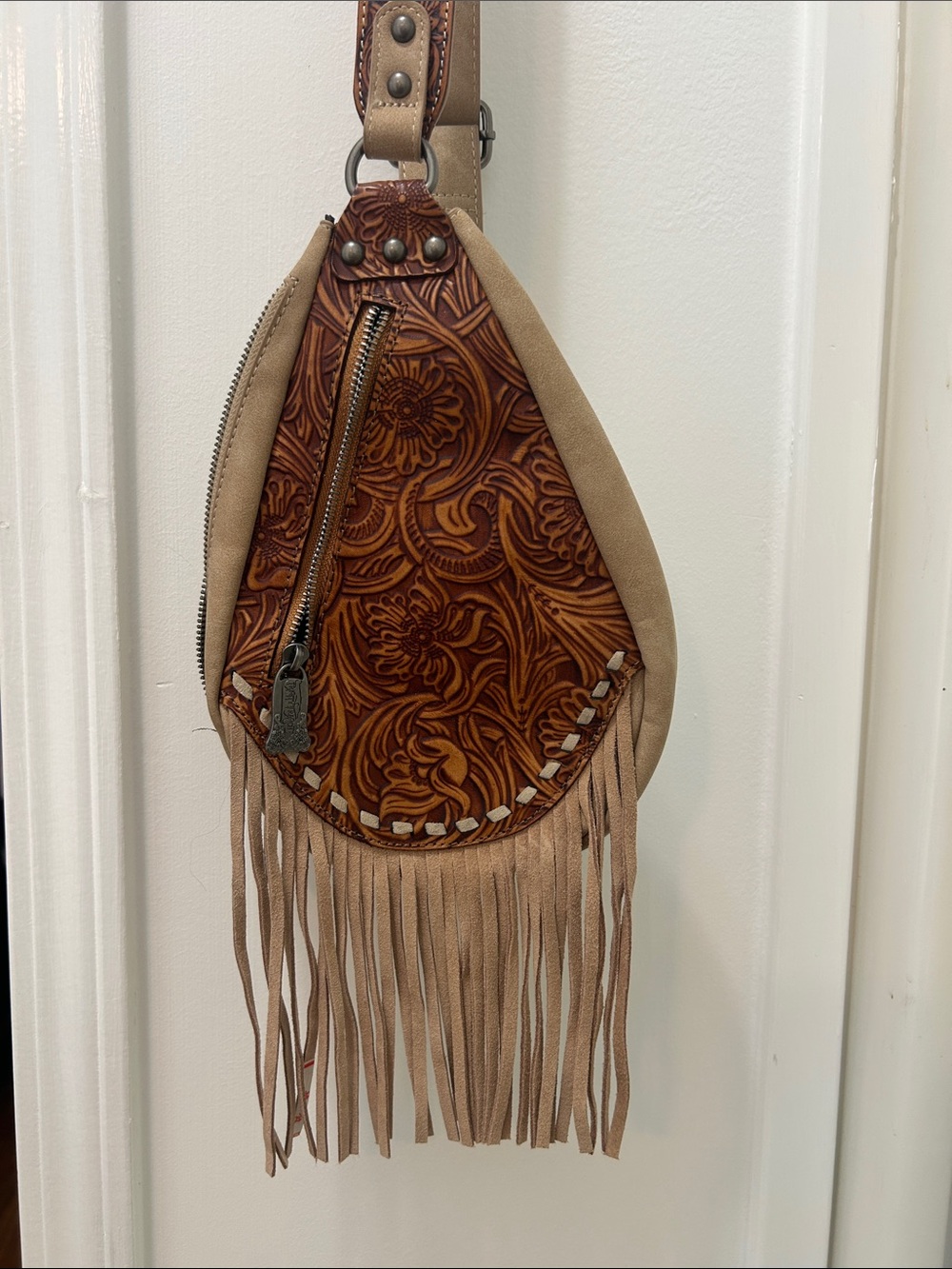 Tooled Leather Fringe Crossbody Bag in Tan and Brown